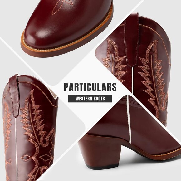 Women's Red Embroidered Cowgirl Boots Mid Calf Chunky Heel Stitching Zipper - Picture 6 of 6